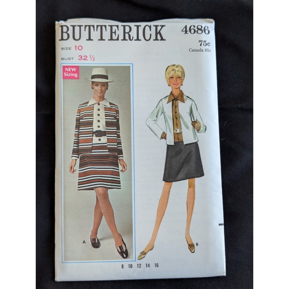 VTG 1968 Butterick 4686 Uncut Mod Dress & Jacket Pattern Size 10 Bust 32.5